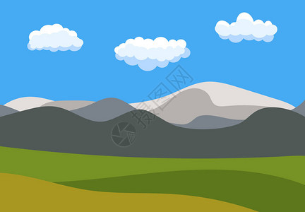 蓝色天空云彩山丘和山丘的平板风格的自然漫画景图片