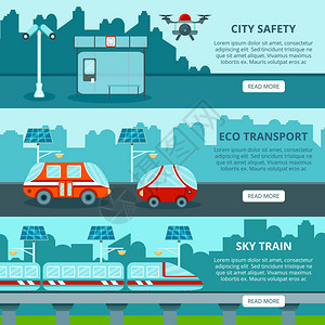 智能城市水平横幅设置有未来的交通图像城市天际线文本和阅读更多按图片