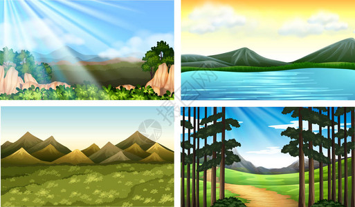 森林和湖泊插图的四个自然场景背景图片