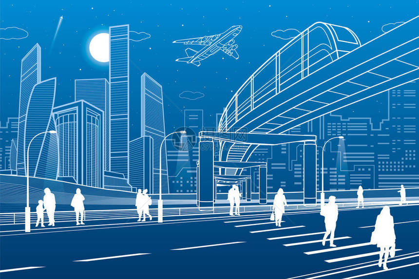 横跨高速公路的单轨电车桥城市基础设施现代城市背景工业建筑人们走路白线插图夜景图片