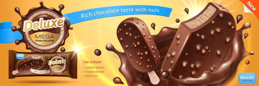 豪华巧克力冰淇淋吧广告巧克力飞溅的优质冰棒与釉料和松脆的坚果隔离在温暖的背景上包装和标签设计矢量逼真的背景图片