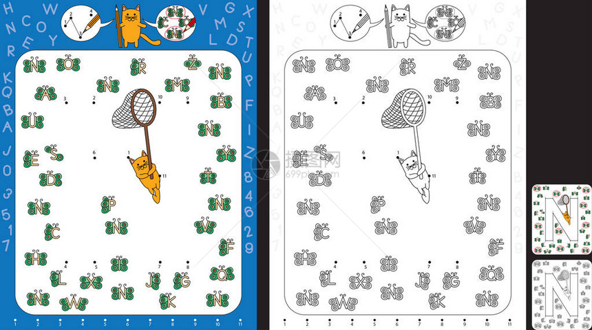 用于练习精细运动技能和识别数字和母的学龄前工作表按数字连接点用字母N图片