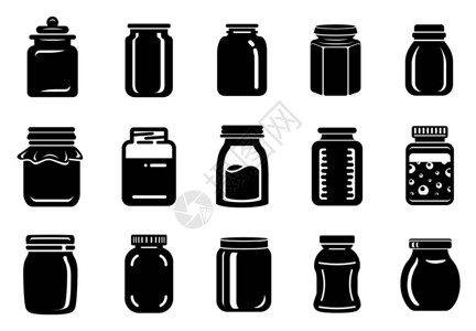 果酱或蜂蜜图标集的罐子玻璃15罐玻璃果酱或蜂蜜矢量图图片