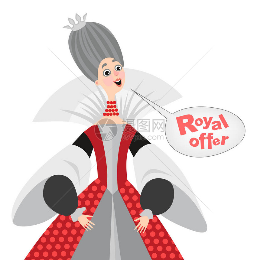 配有语言泡的快乐卡通皇后矢量插图皇家提供图标白色背景上的孤立图片