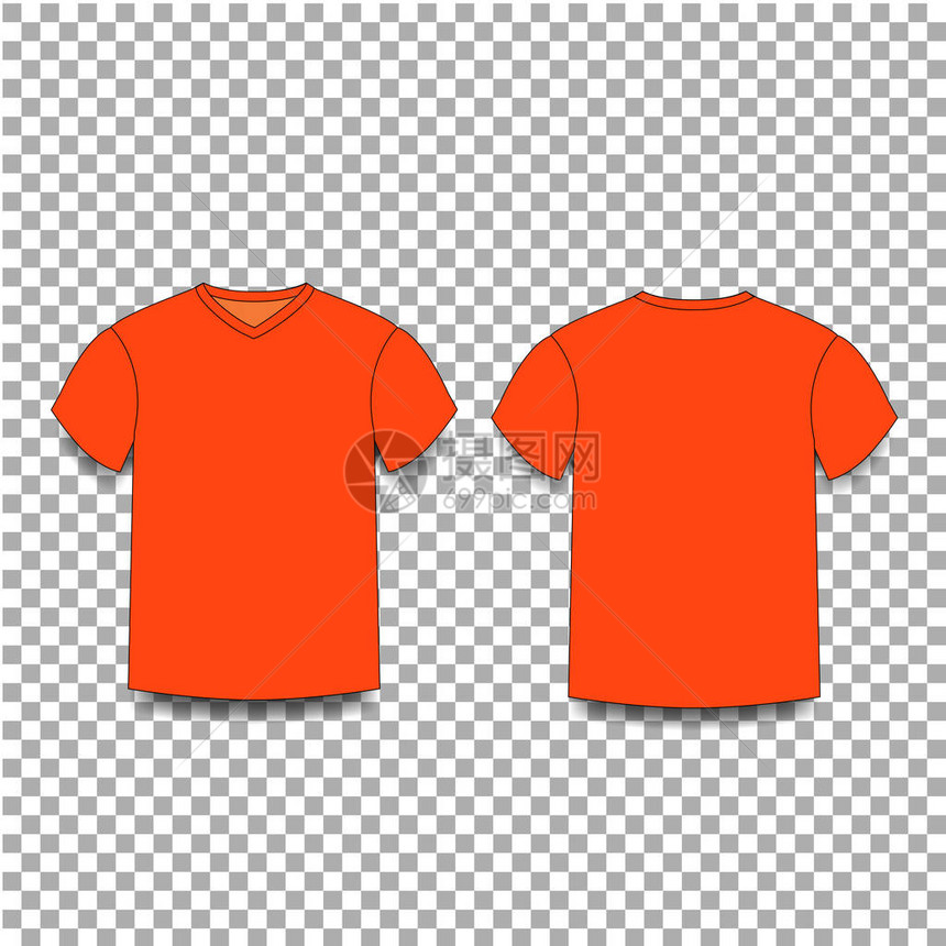 橙色男士t恤模板v领正面和背面视图在透明背景上隔离的男t恤图片