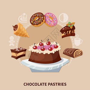 巧克力糕饼圆形配蛋糕饼干卷甜圈加蜜蜂背景图片