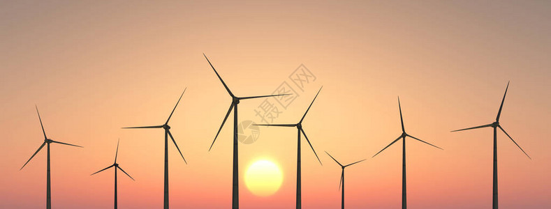 峰谷电价日落时的风力涡轮机插画