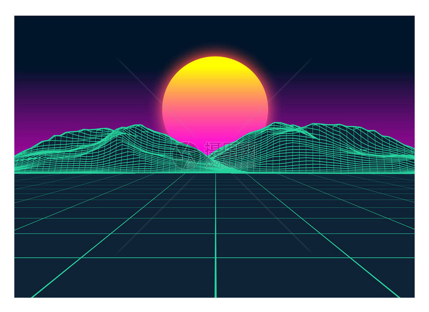 矢量复古未来主义旧Vhs风格景观1980年代风格数字复古景观行星网络表面复古未来游戏或音乐专辑封面80年代复古科幻背景夏图片