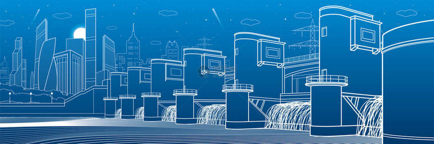 水力发电厂大河坝能源站城市基础设施工业图解全景蓝底白线矢图片