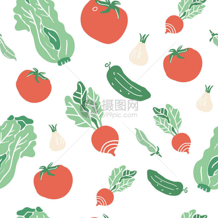 无缝模式与手绘五颜六色的涂鸦蔬菜素描风格矢量集合蔬菜平面图标集图片