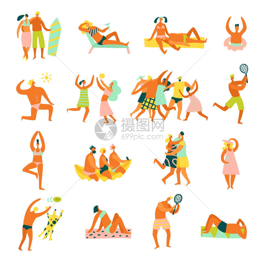 海滩度假者卡通风格人物跳舞练习瑜伽日光浴冲浪玩网球收集孤图片