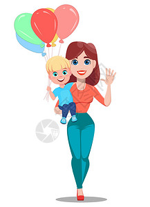 母亲节贺卡美丽的女人抱着她的儿子与气球可爱的卡通人物白色背图片