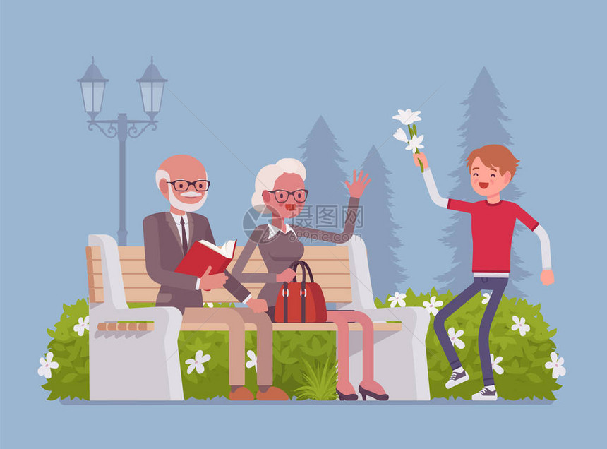 快乐的退休老人与孙子见面图片