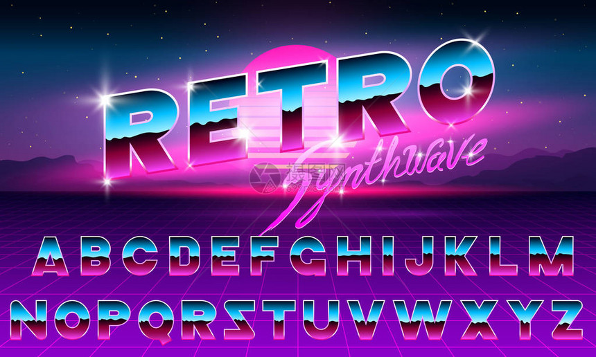 80年代紫色霓虹复古字体未来派金属镀铬字母深色背景上的明亮字母表俱乐部夜间表演的灯光符号星系空间的概念一组图片