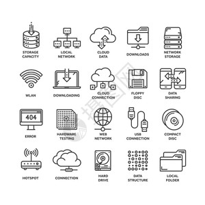 云计算互联网技术在线服务数据信息安全联系细线web图标集大纲图标图片