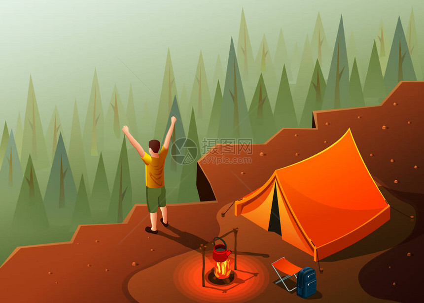 用山顶地貌和帐篷以及营火和快乐人矢量插图来搭建远足象像图图片