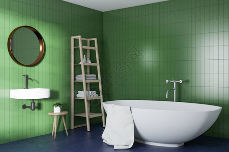 绿色浴室内有白色浴缸的角落图片