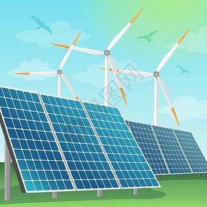 太阳能电池和风车矢量图在自然界中生产态可再生能背景图片