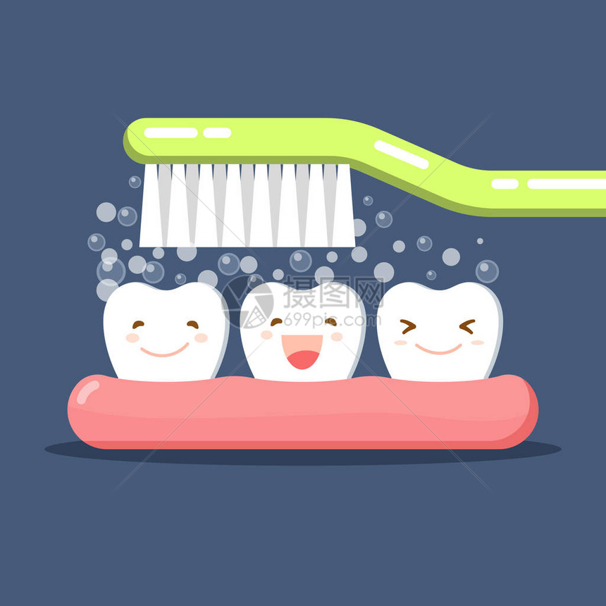 快乐可爱的卡通牙齿和牙刷牙膏起泡口腔卫生牙科儿童护理以牙科为主题的平面插图图片