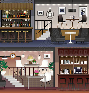 酒吧放酒架咖啡店餐厅咖啡吧内部逼真的横幅设置与照明酒架家具插画