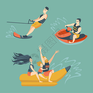 香蕉船水自行车水滑雪艇卡通风格的插图等活动图片