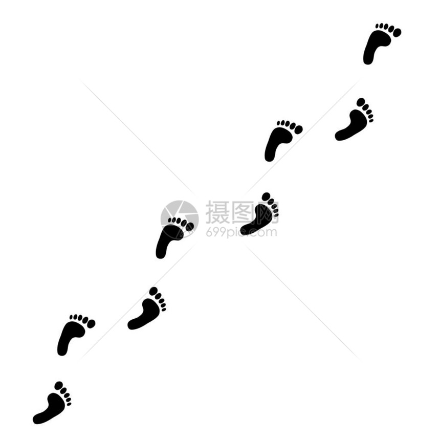 在白色背景上隔离的人类足迹路径的剪影脚印对角线轨迹矢图片