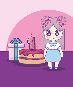 可爱的Kawaii女孩蛋糕生日卡片图片