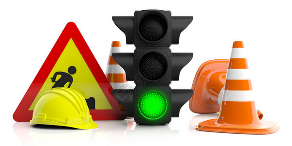 工作正在进行中道路建设标志隔离在白色背景上绿色红绿灯路标安全帽和交通锥背景图片