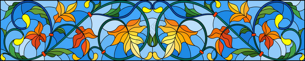 在蓝色背景横向方上用抽象的斜纹花和叶子以彩色玻璃图片