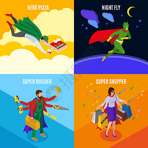 蝙蝠侠大战超人披萨晚间飞行期间的超级英雄建筑者和直升机搭建者和乘客等离子设计概念插画