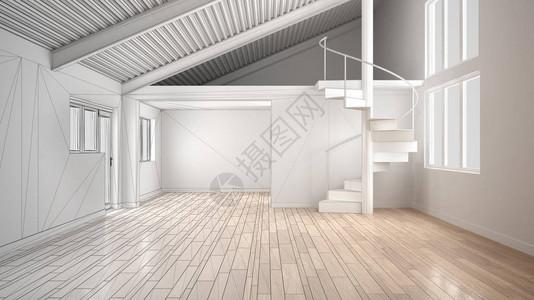 未完成的白色现代空内室内开放空间和中间线及最小螺旋阶梯层工程背景图片