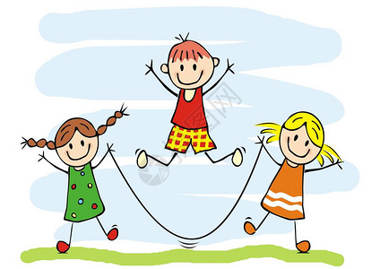 快乐的孩子和跳绳两个女孩和一个男孩矢图片