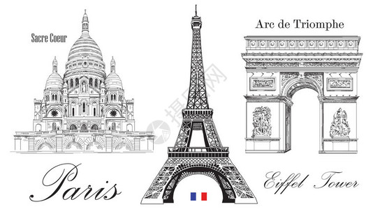 法国巴黎圣心教堂建筑矢量埃菲尔铁塔凯旋门和圣心大教堂孤立在白色背景上的插画
