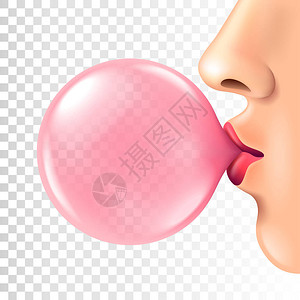 女嘴唇吹亮粉红泡胶口香糖孤立的矢量照图片