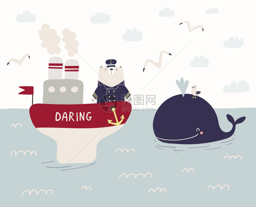 一只可爱风趣的水手熊在一艘船上航行图片