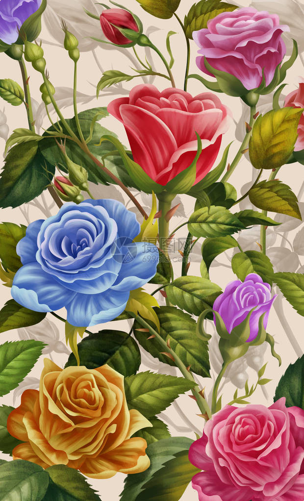 花卉背景五颜六色的玫瑰和花手机壳套创意插图和创新艺术逼真的卡通风格艺术品场景壁图片