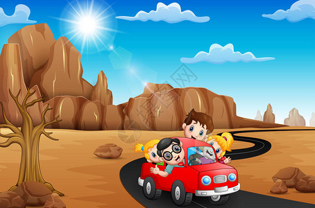 快乐家庭乘坐红色汽车旅行图片