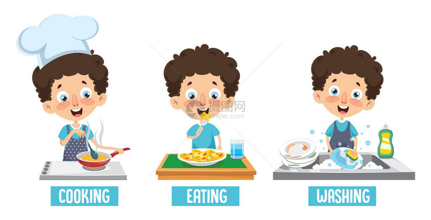 儿童烹饪饮食和洗碗图片