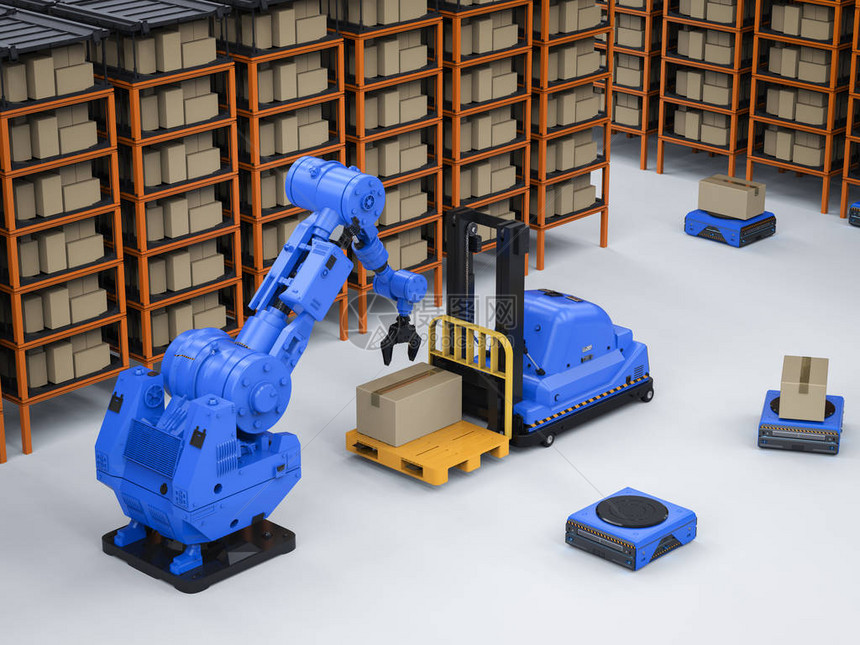 自动仓库概念3D制式机器人臂叉车和图片