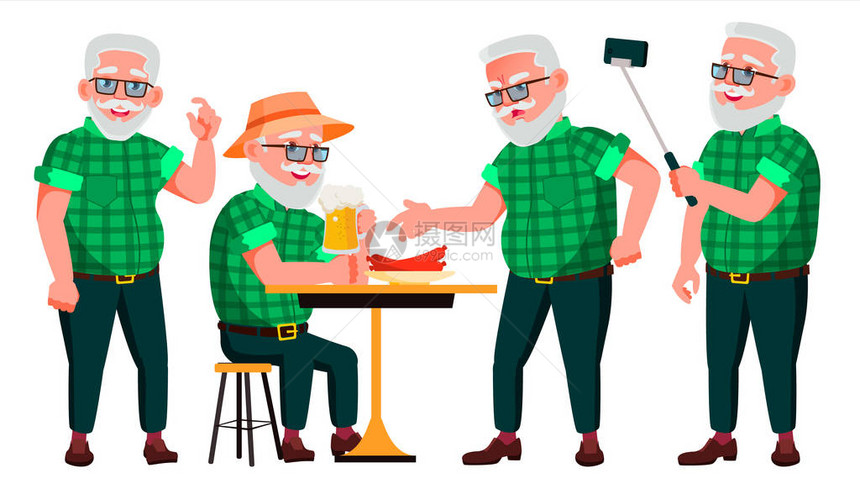老人姿势设置向量老年人资深人士老化白种人退休人员微笑网页海报小册子设计图片