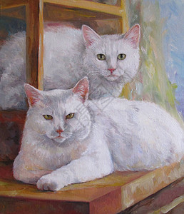 猫妈和猫女儿两只白猫油画图片
