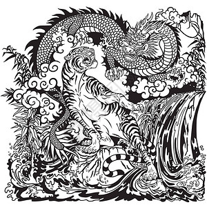 龙和老虎在风景与岩石植物和云彩中代表精神天地的两种灵生物黑白图背景图片