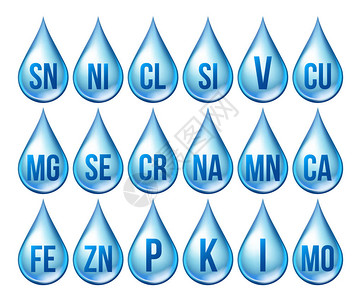 矿物图标设置向量矿物蓝滴图标药滴物质具有化学配方的3D维生素复合图片