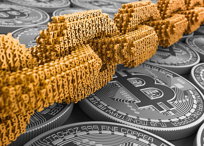 3D数字和银Bitcoins的金数字链图片