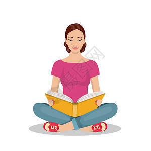 坐在地板上和阅读书上的年轻女学习过程概念平式矢量插图Vict图片