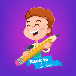 带铅笔主题的卡通男孩回到学校背景图片