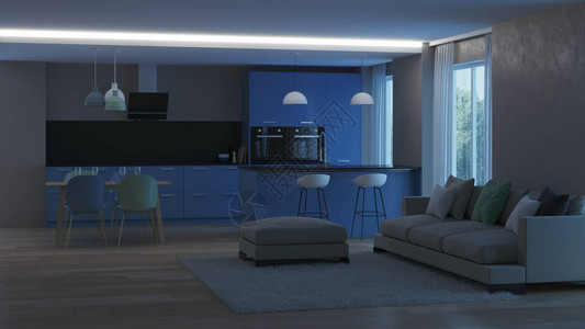 现代室内蓝色厨房晚上夜图片