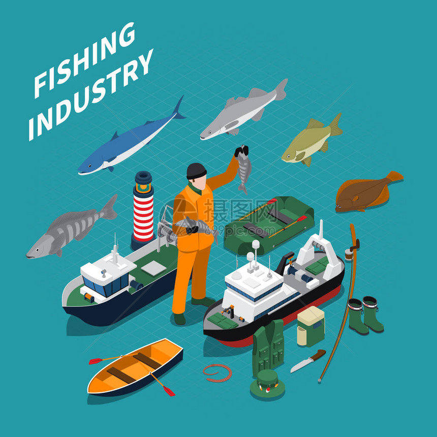 以蓝背景矢量说明为渔业标志的捕捞等量概念图片