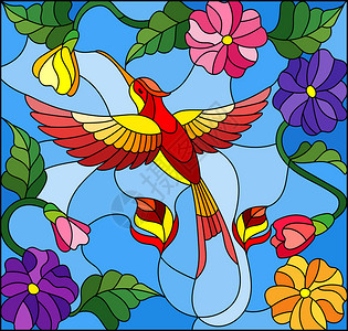 在天空背景绿色和鲜花上与多彩蜂鸟用彩色蜂鸟的彩色图片