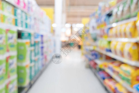 超市产品货架的抽象模糊背景图片